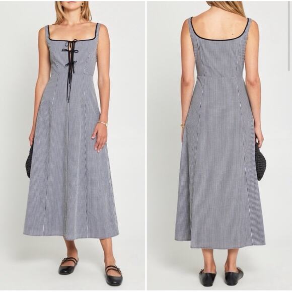 NWT O.P.T Women's Babette Black & White Gingham Lace-Up A-Line Midi Dress Size 4 - Picture 1 of 13